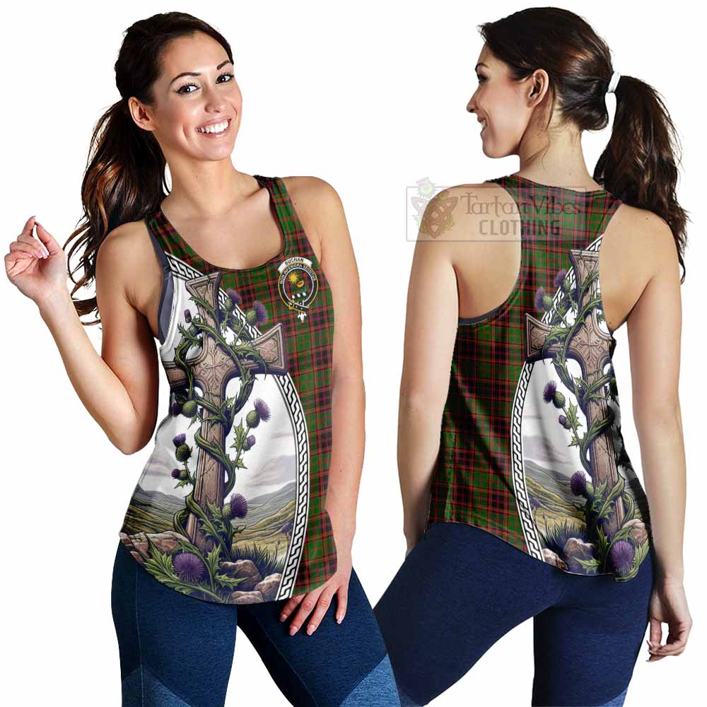 Tartan Vibes Clothing Buchan Tartan Women's Racerback Tanks with Family Crest and St. Andrew's Cross Accented by Thistle Vines