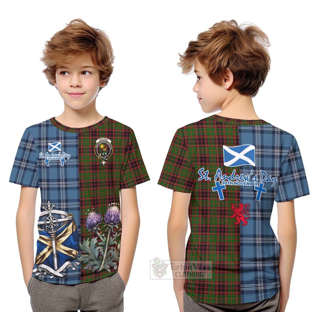 Tartan Vibes Clothing Buchan Tartan Kid T-Shirt Happy St. Andrew's Day Half Tartan Style