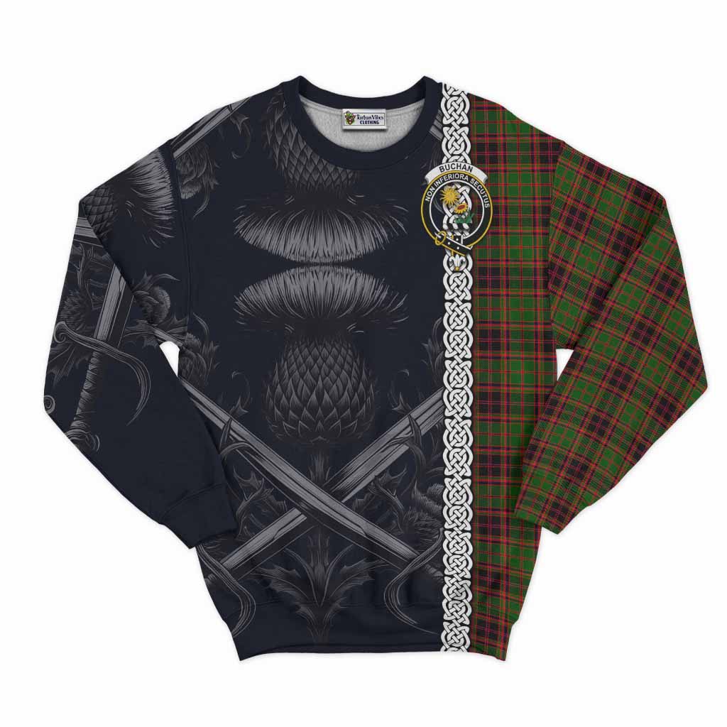 Tartan Vibes Clothing Buchan Tartan Sweatshirt with Family Crest Cross Sword Thistle Celtic Vibes