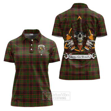 Buchan Tartan Women's Polo Shirt with Family Crest and Bearded Skull Holding Bottles of Whiskey