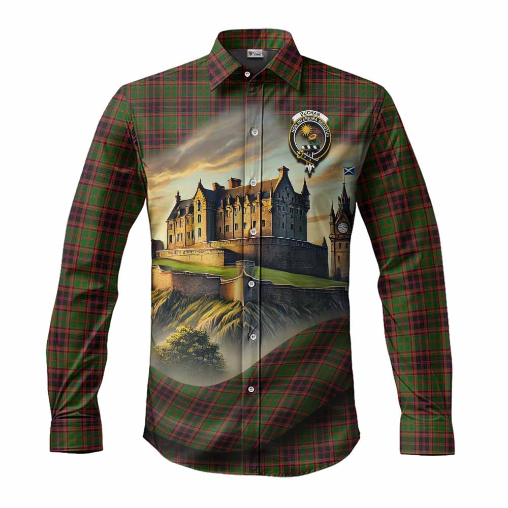 Buchan Tartan Family Crest Long Sleeve Button Shirt with Scottish Ancient Castle Style Men's Shirt S - Tartan Vibes Clothing