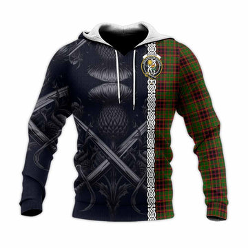 Buchan Tartan Knitted Hoodie with Family Crest Cross Sword Thistle Celtic Vibes