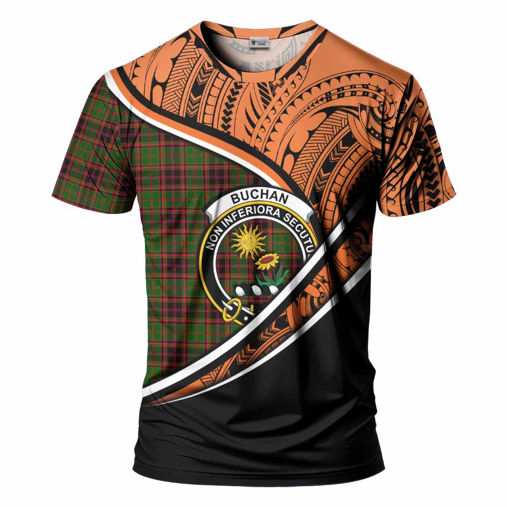 Tartan Vibes Clothing Buchan Crest Tartan T-Shirt with Maori Tattoo Style - Orange Version