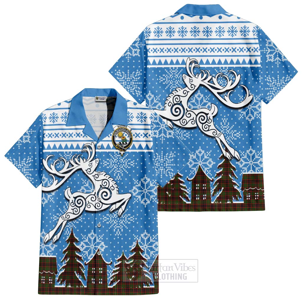 Tartan Vibes Clothing Buchan Clan Christmas Short Sleeve Button Shirt Celtic Reindeer Style