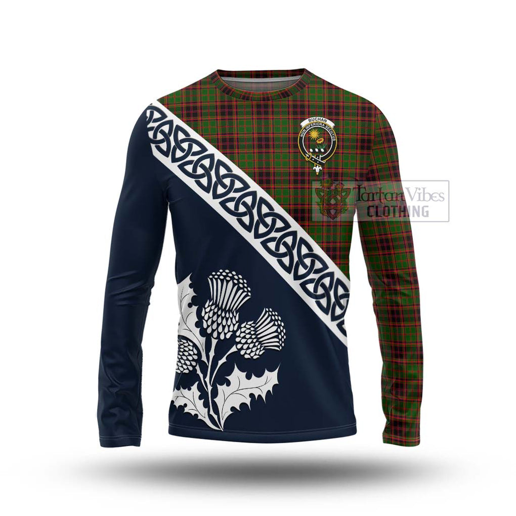 Tartan Vibes Clothing Buchan Tartan Long Sleeve T-Shirt Featuring Thistle and Scotland Map