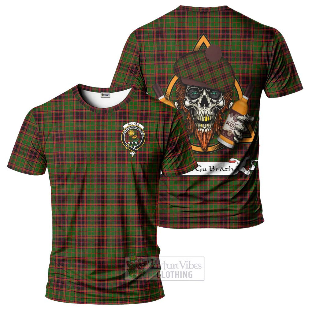 Tartan Vibes Clothing Buchan Tartan T-Shirt with Family Crest and Bearded Skull Holding Bottles of Whiskey