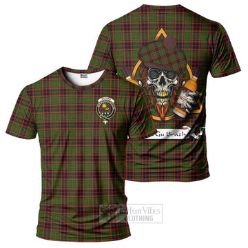 Buchan Tartan T-Shirt with Family Crest and Bearded Skull Holding Bottles of Whiskey