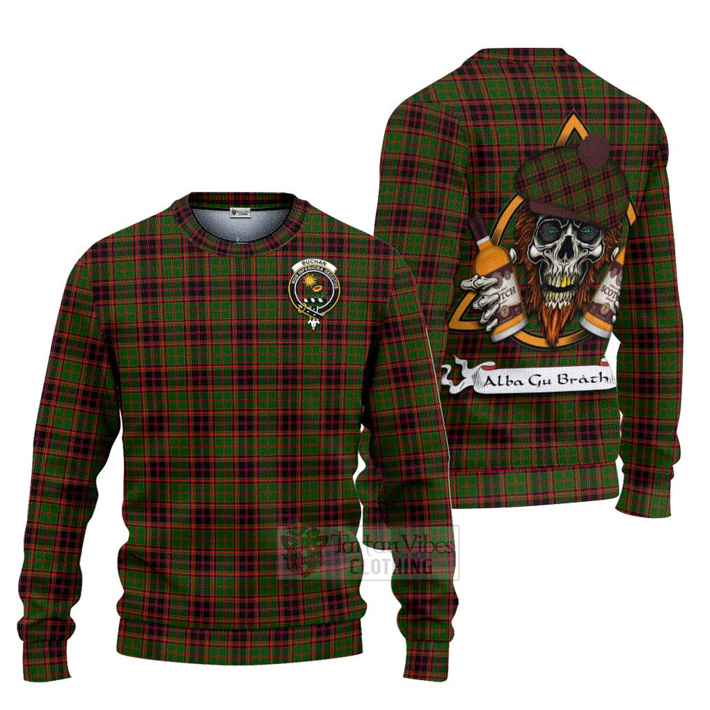 Tartan Vibes Clothing Buchan Tartan Knitted Sweater with Family Crest and Bearded Skull Holding Bottles of Whiskey