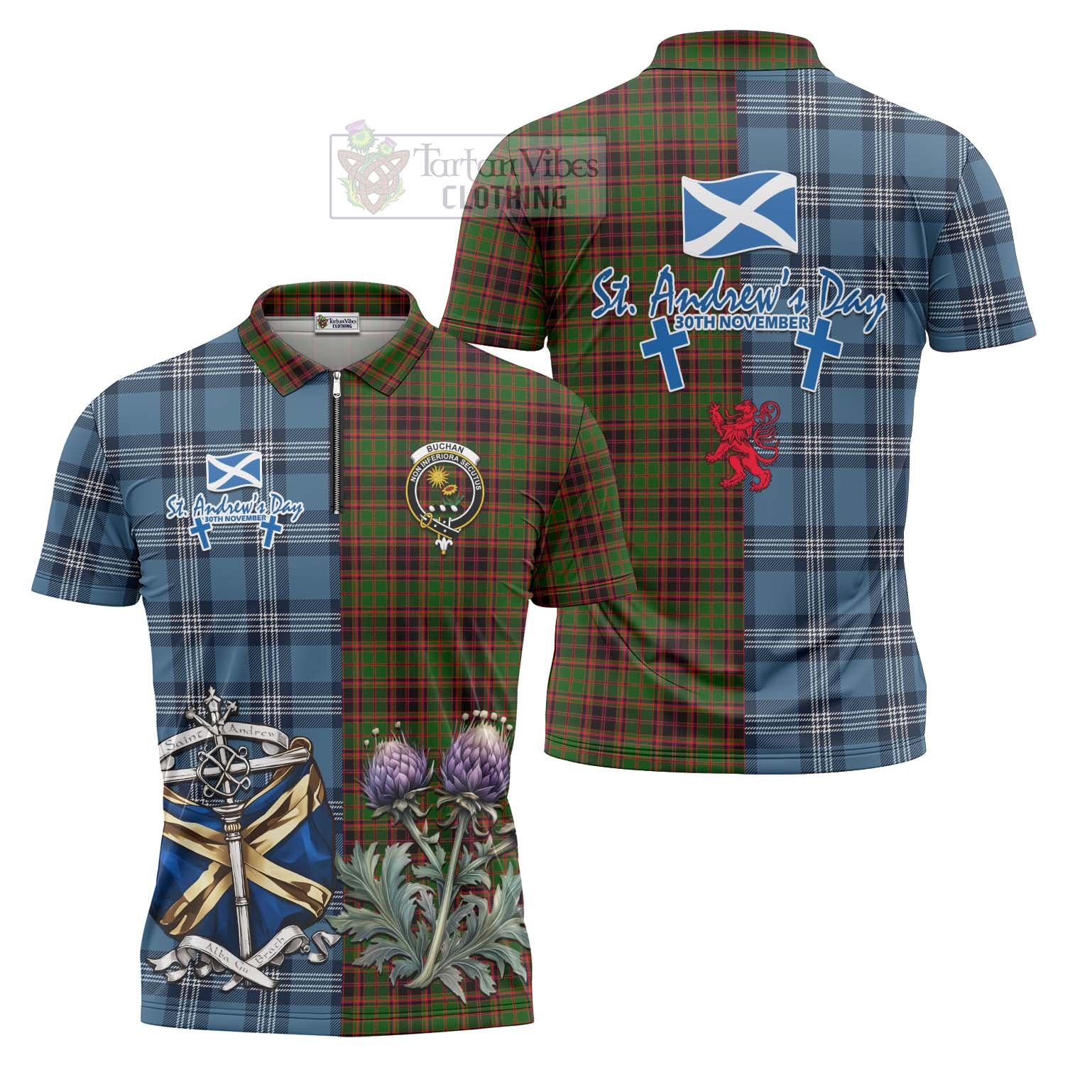 Tartan Vibes Clothing Buchan Tartan Zipper Polo Shirt Happy St. Andrew's Day Half Tartan Style