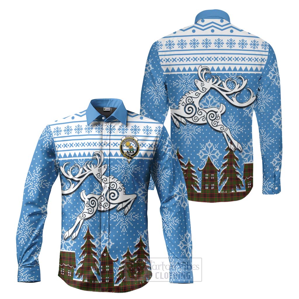 Tartan Vibes Clothing Buchan Clan Christmas Long Sleeve Button Shirt Celtic Reindeer Style