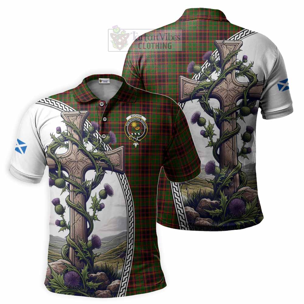 Tartan Vibes Clothing Buchan Tartan Polo Shirt with Family Crest and St. Andrew's Cross Accented by Thistle Vines