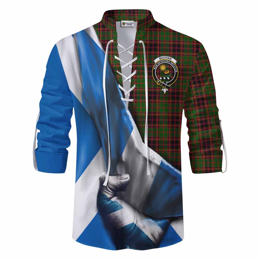 Tartan Vibes Clothing Buchan Tartan Ghillie Kilt Shirt with Family Crest Scotland Patriotic Style