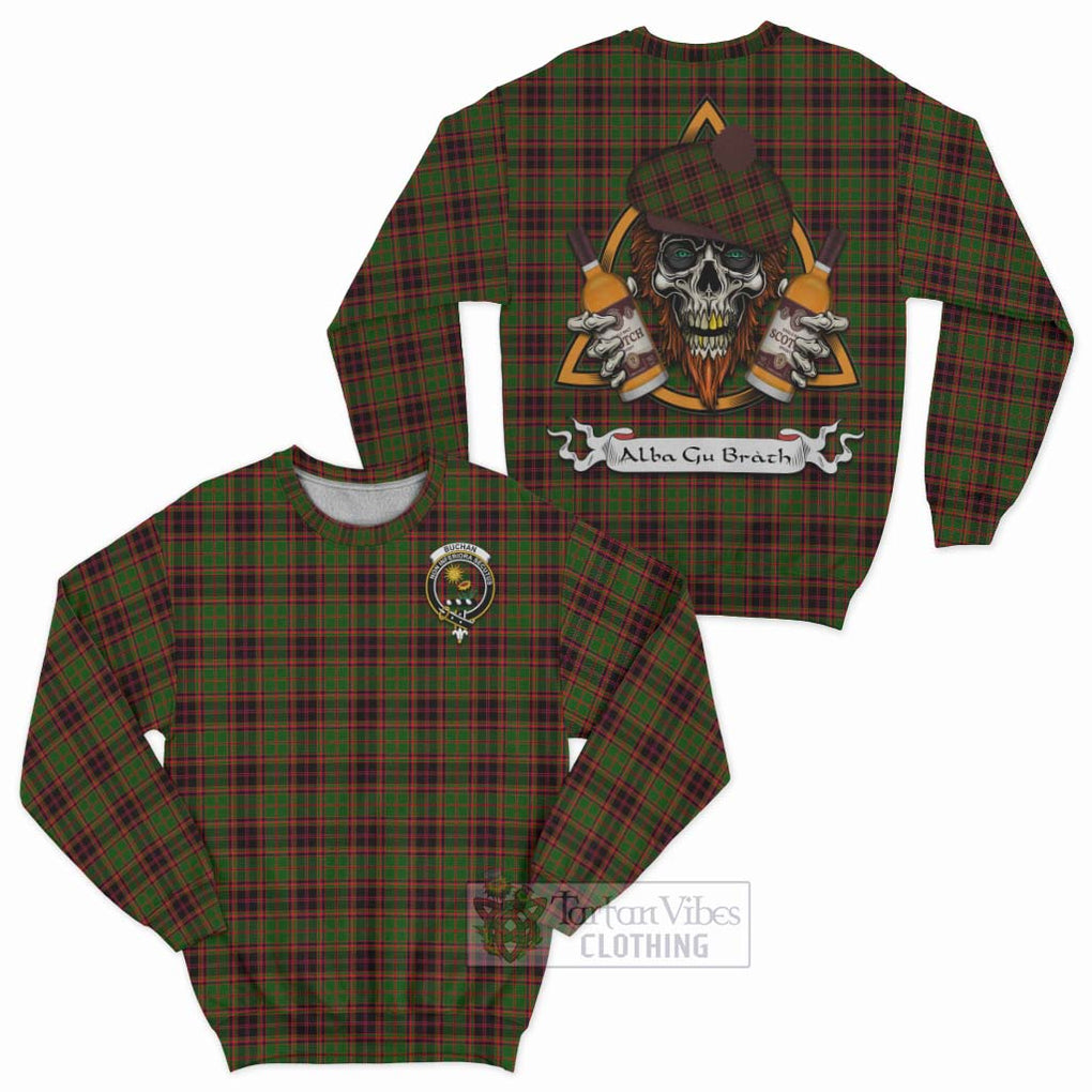 Tartan Vibes Clothing Buchan Tartan Sweatshirt with Family Crest and Bearded Skull Holding Bottles of Whiskey