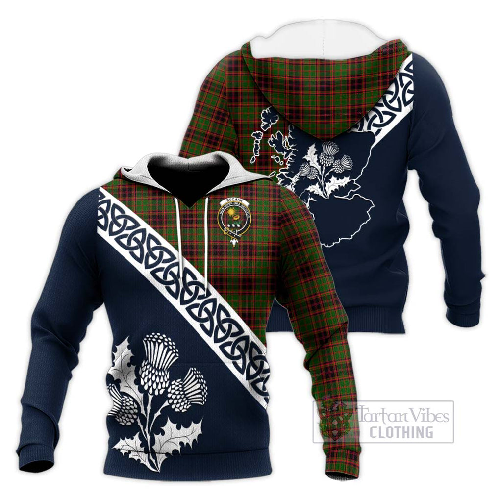 Tartan Vibes Clothing Buchan Tartan Knitted Hoodie Featuring Thistle and Scotland Map