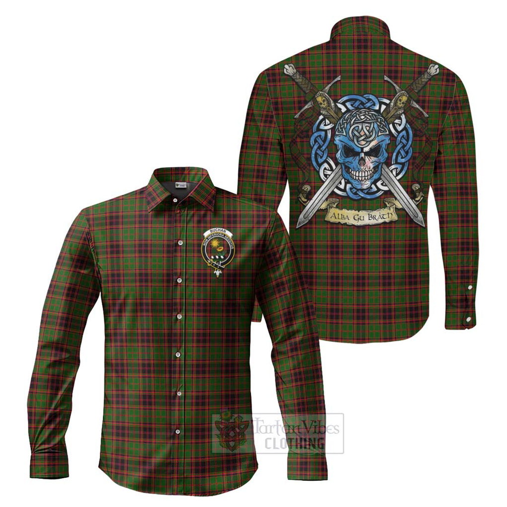 Tartan Vibes Clothing Buchan Tartan Long Sleeve Button Shirt with Family Crest Celtic Skull Style