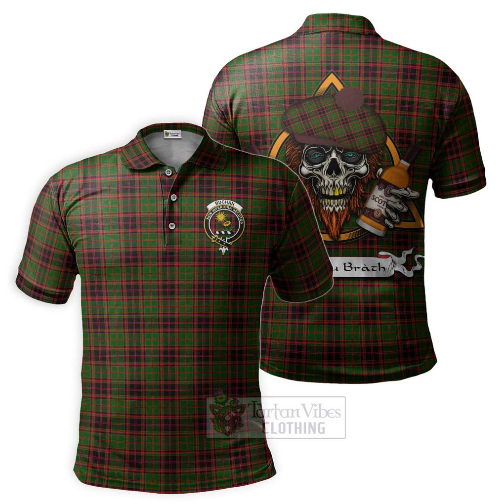 Tartan Vibes Clothing Buchan Tartan Polo Shirt with Family Crest and Bearded Skull Holding Bottles of Whiskey