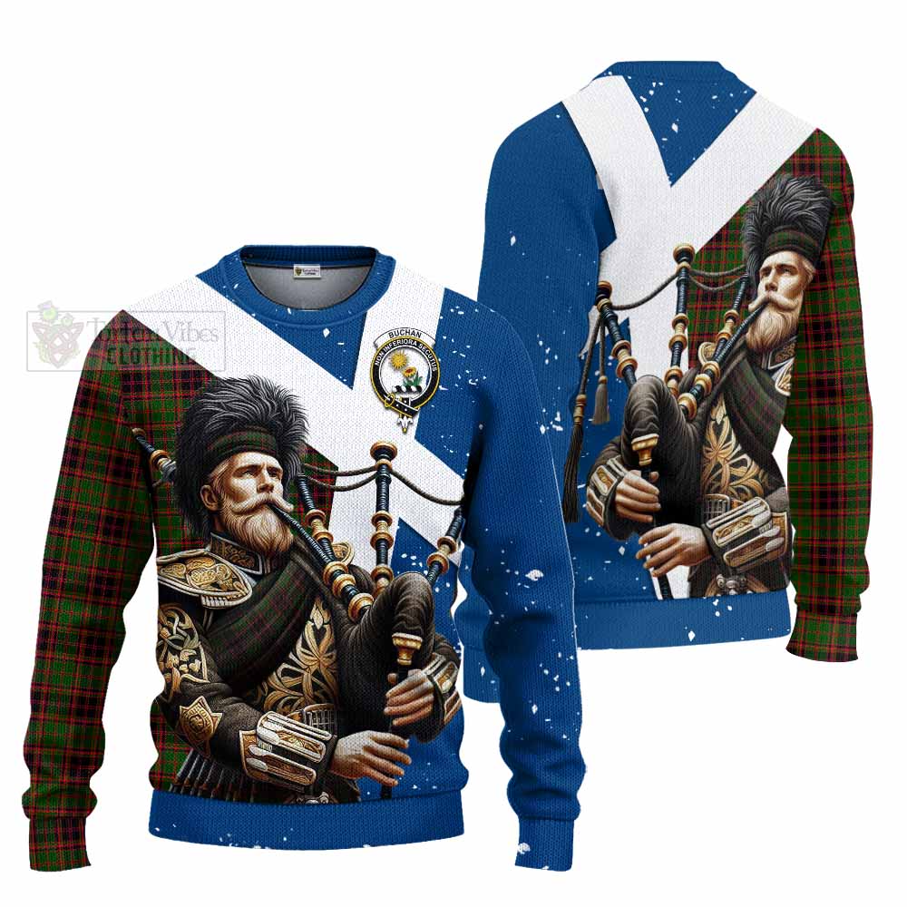 Tartan Vibes Clothing Buchan Tartan Knitted Sweater with Family Crest Scottish Bagpiper Vibes