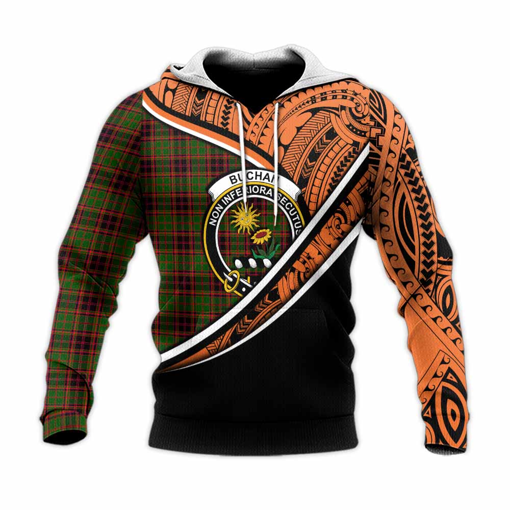 Tartan Vibes Clothing Buchan Crest Tartan Knitted Hoodie with Maori Tattoo Style - Orange Version