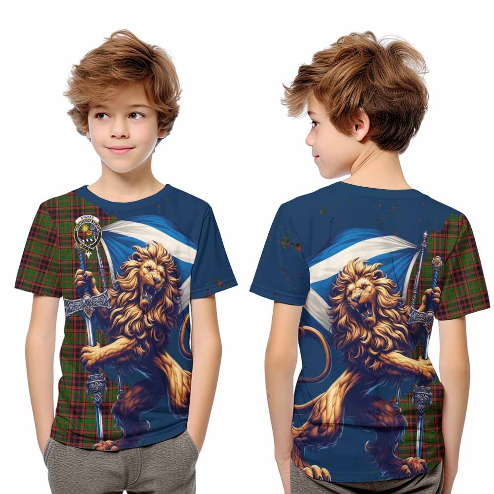 Tartan Vibes Clothing Buchan Tartan Family Crest Kid T-Shirt with Scottish Majestic Lion