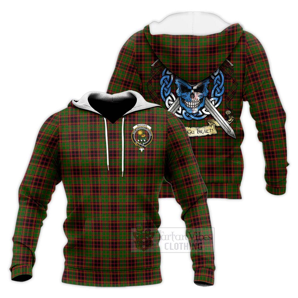 Tartan Vibes Clothing Buchan Tartan Knitted Hoodie with Family Crest Celtic Skull Style