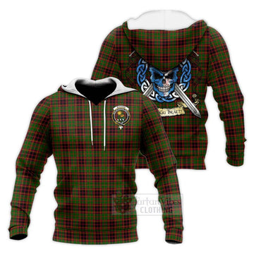 Buchan Tartan Knitted Hoodie with Family Crest Celtic Skull Style