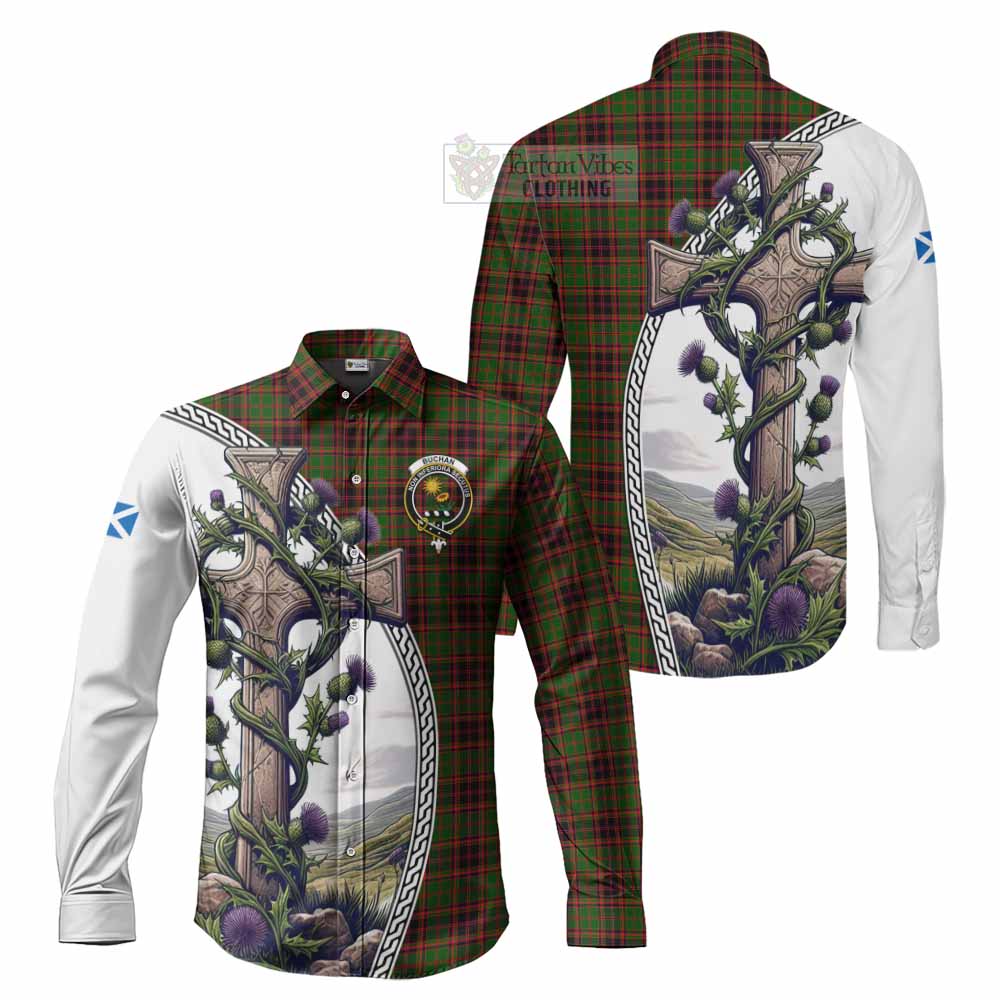 Tartan Vibes Clothing Buchan Tartan Long Sleeve Button Shirt with Family Crest and St. Andrew's Cross Accented by Thistle Vines