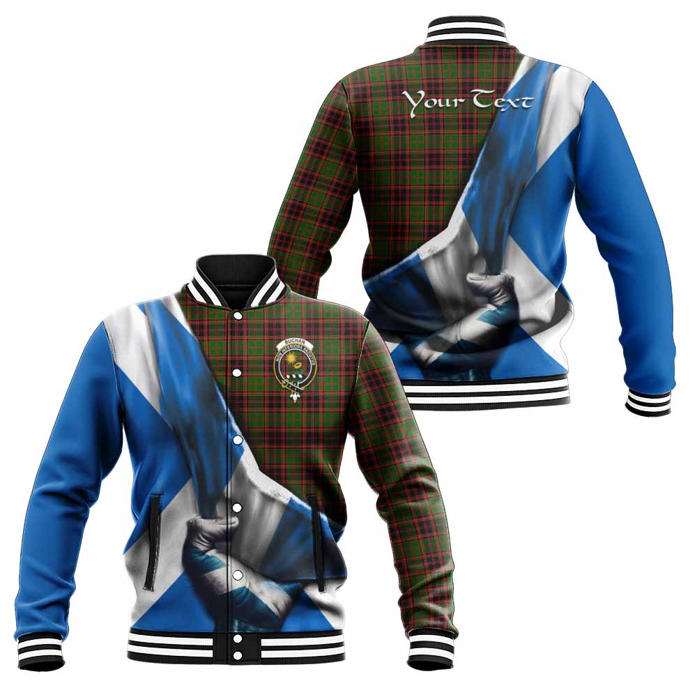 Tartan Vibes Clothing Buchan Tartan Baseball Jacket with Family Crest Scotland Patriotic Style