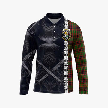 Buchan Tartan Long Sleeve Polo Shirt with Family Crest Cross Sword Thistle Celtic Vibes