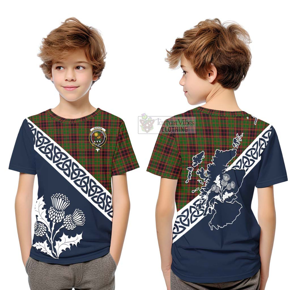 Tartan Vibes Clothing Buchan Tartan Kid T-Shirt Featuring Thistle and Scotland Map