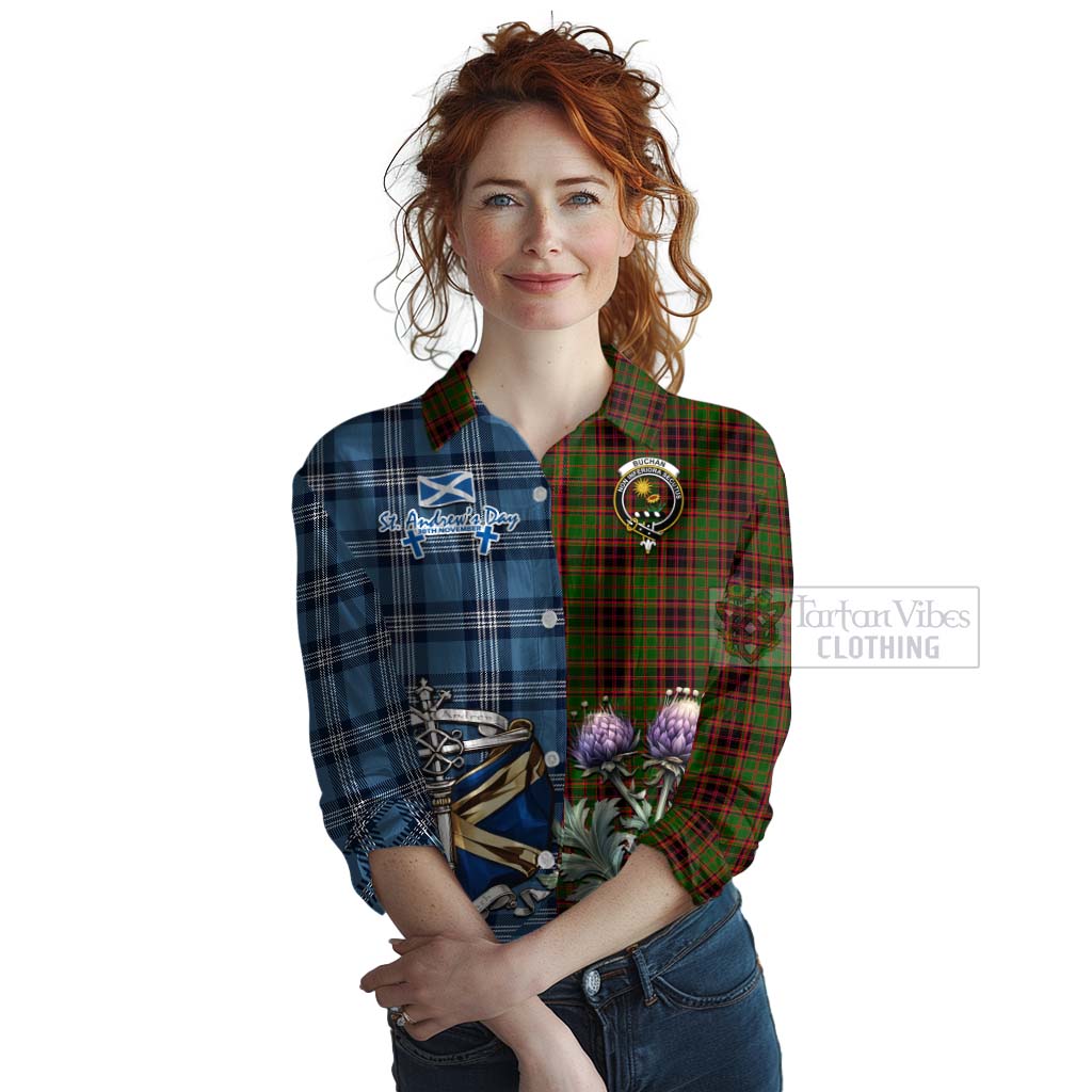 Tartan Vibes Clothing Buchan Tartan Women's Casual Shirt Happy St. Andrew's Day Half Tartan Style