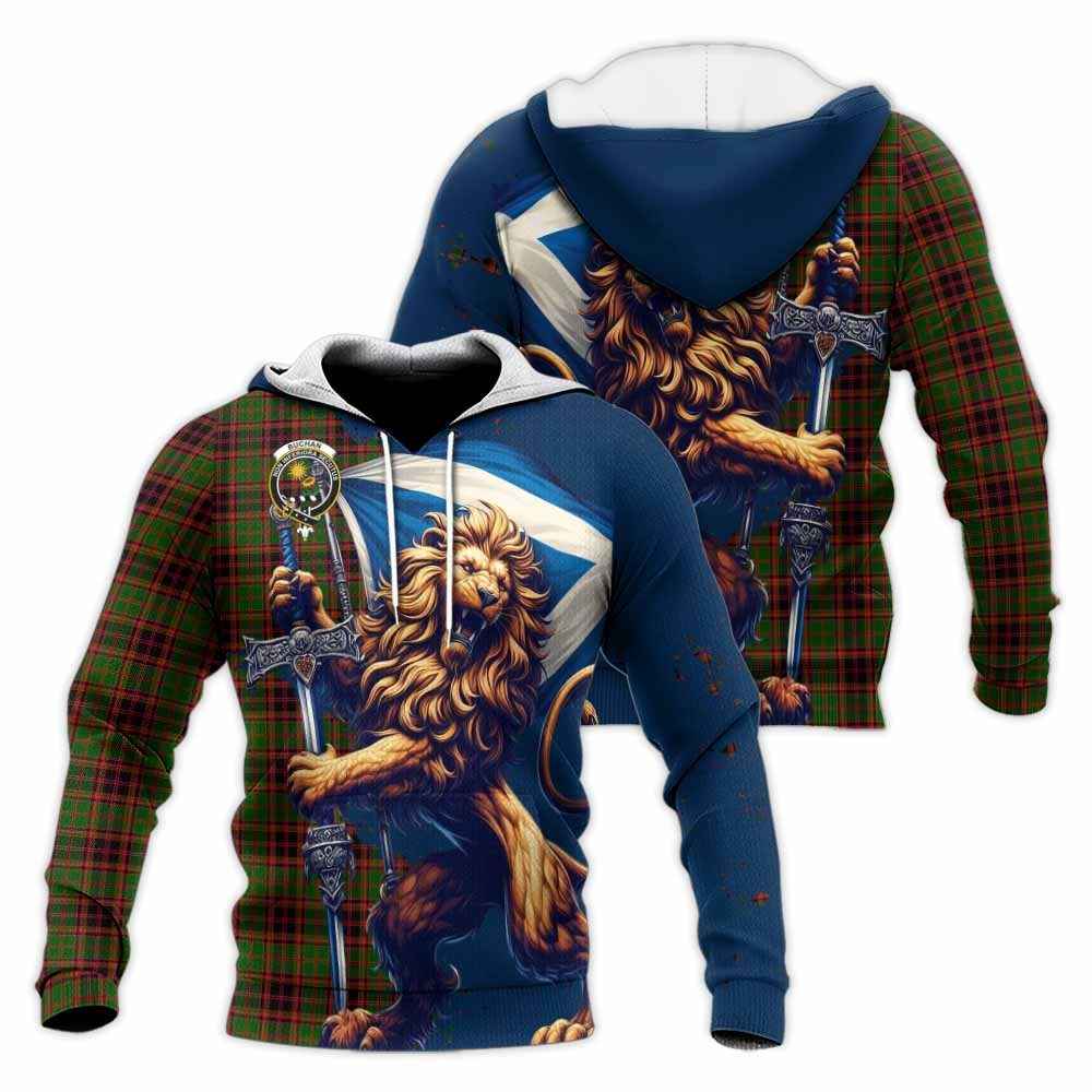 Tartan Vibes Clothing Buchan Tartan Family Crest Knitted Hoodie with Scottish Majestic Lion