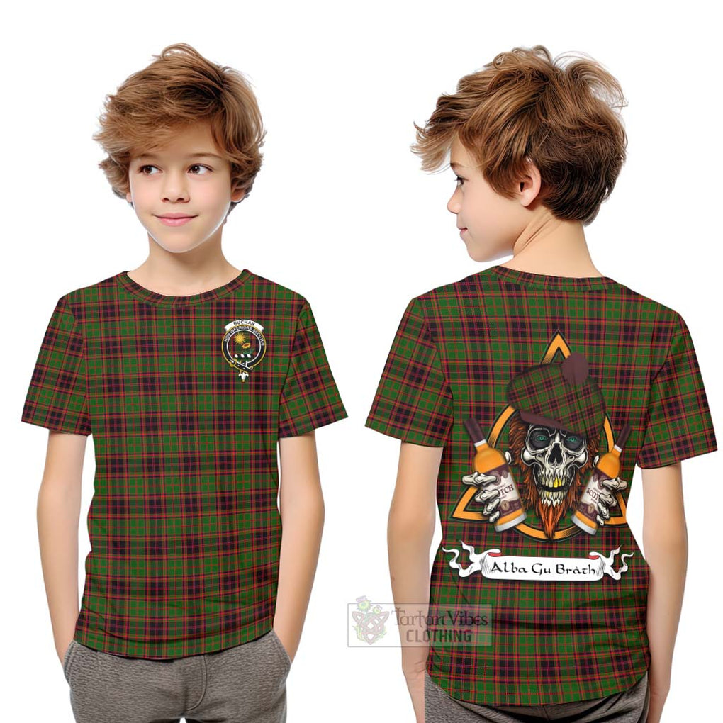 Tartan Vibes Clothing Buchan Tartan Kid T-Shirt with Family Crest and Bearded Skull Holding Bottles of Whiskey