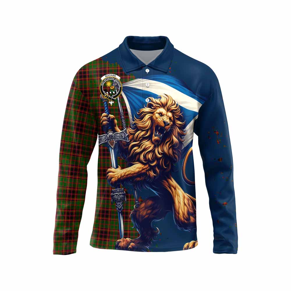 Tartan Vibes Clothing Buchan Tartan Family Crest Long Sleeve Polo Shirt with Scottish Majestic Lion