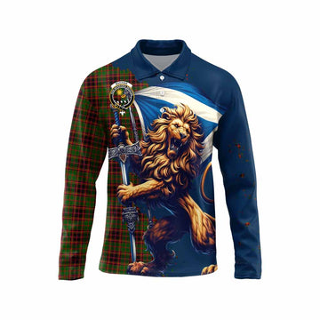 Buchan Tartan Family Crest Long Sleeve Polo Shirt with Scottish Majestic Lion