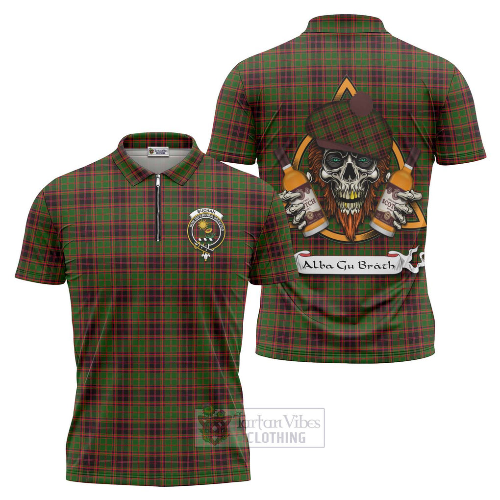 Tartan Vibes Clothing Buchan Tartan Zipper Polo Shirt with Family Crest and Bearded Skull Holding Bottles of Whiskey