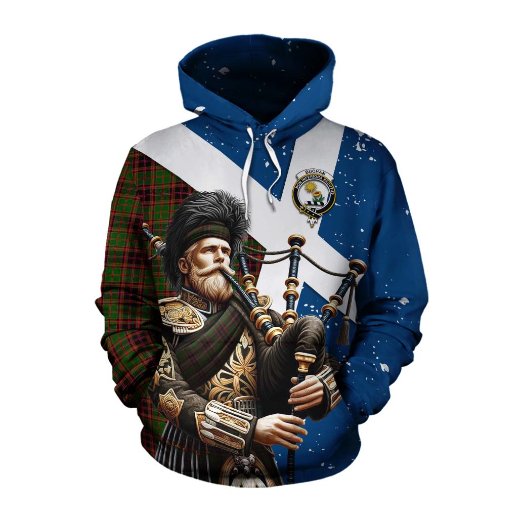 Tartan Vibes Clothing Buchan Tartan Cotton Hoodie with Family Crest Scottish Bagpiper Vibes