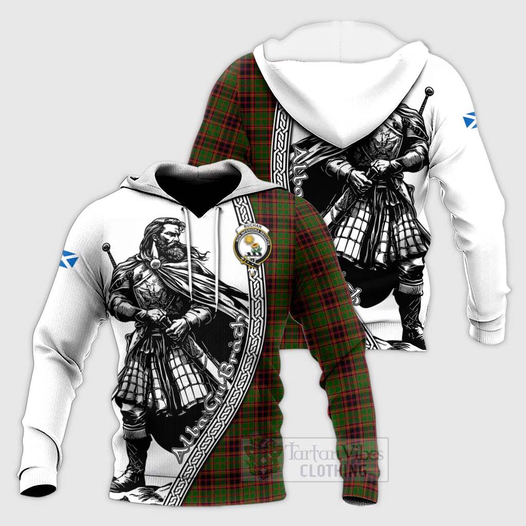 Tartan Vibes Clothing Buchan Tartan Clan Crest Knitted Hoodie with Highlander Warrior Celtic Style