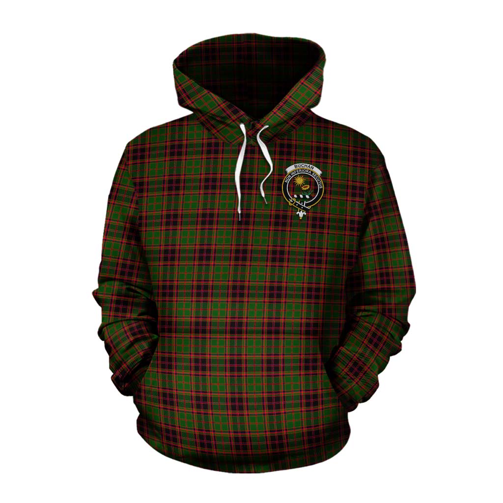 Tartan Vibes Clothing Buchan Tartan Cotton Hoodie with Family Crest and Bearded Skull Holding Bottles of Whiskey