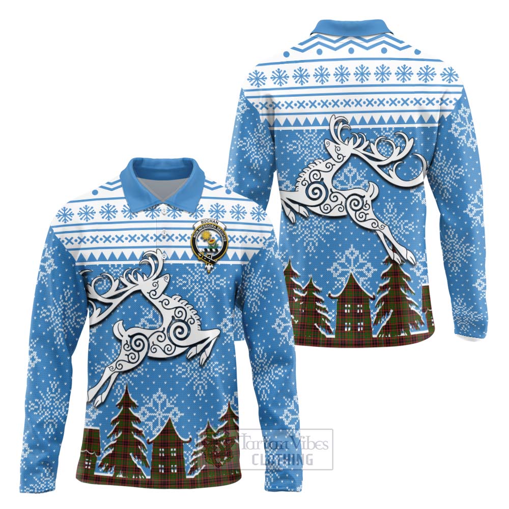 Tartan Vibes Clothing Buchan Clan Christmas Long Sleeve Polo Shirt Celtic Reindeer Style