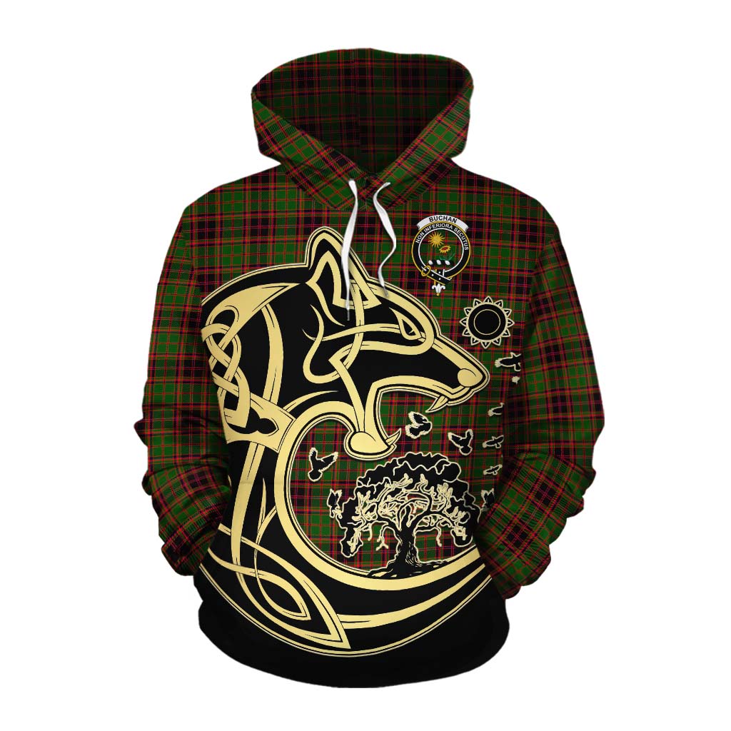 Tartan Vibes Clothing Buchan Tartan Cotton Hoodie with Family Crest Celtic Wolf Style