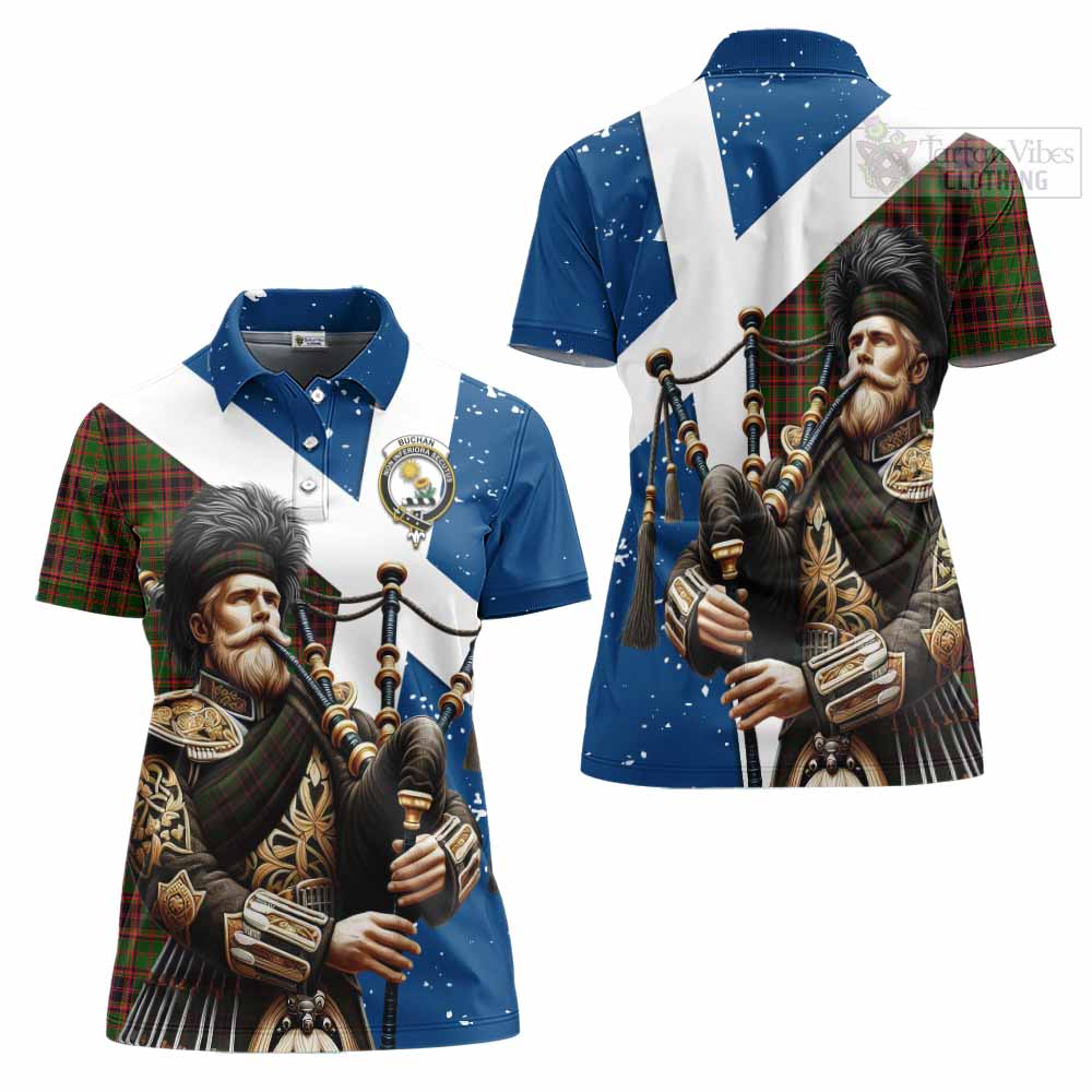 Tartan Vibes Clothing Buchan Tartan Women's Polo Shirt with Family Crest Scottish Bagpiper Vibes