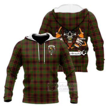 Buchan Tartan Knitted Hoodie with Family Crest and Bearded Skull Holding Bottles of Whiskey