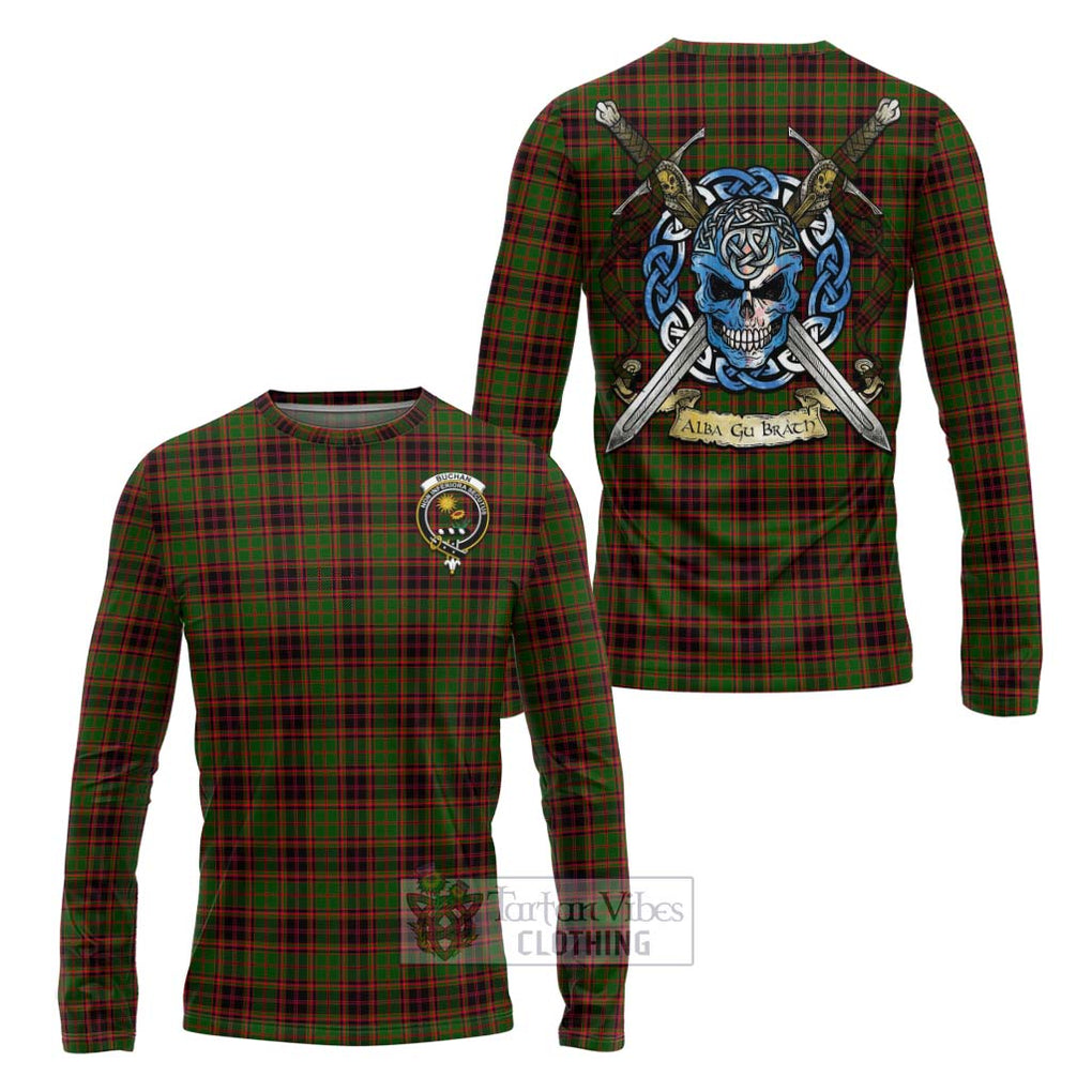 Tartan Vibes Clothing Buchan Tartan Long Sleeve T-Shirt with Family Crest Celtic Skull Style