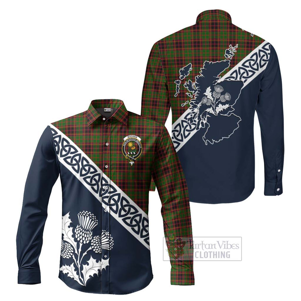 Tartan Vibes Clothing Buchan Tartan Long Sleeve Button Shirt Featuring Thistle and Scotland Map