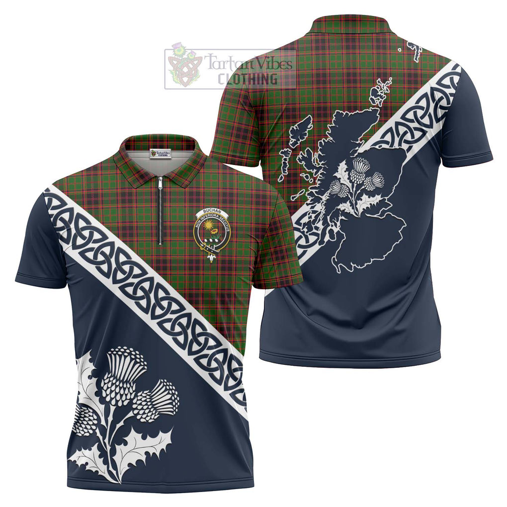 Tartan Vibes Clothing Buchan Tartan Zipper Polo Shirt Featuring Thistle and Scotland Map