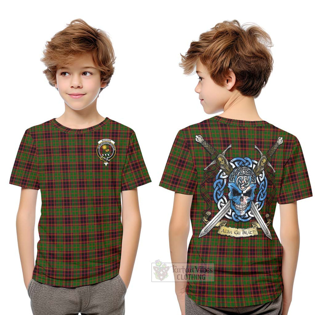 Tartan Vibes Clothing Buchan Tartan Kid T-Shirt with Family Crest Celtic Skull Style