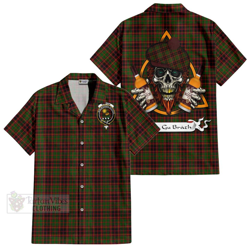 Tartan Vibes Clothing Buchan Tartan Short Sleeve Button Shirt with Family Crest and Bearded Skull Holding Bottles of Whiskey