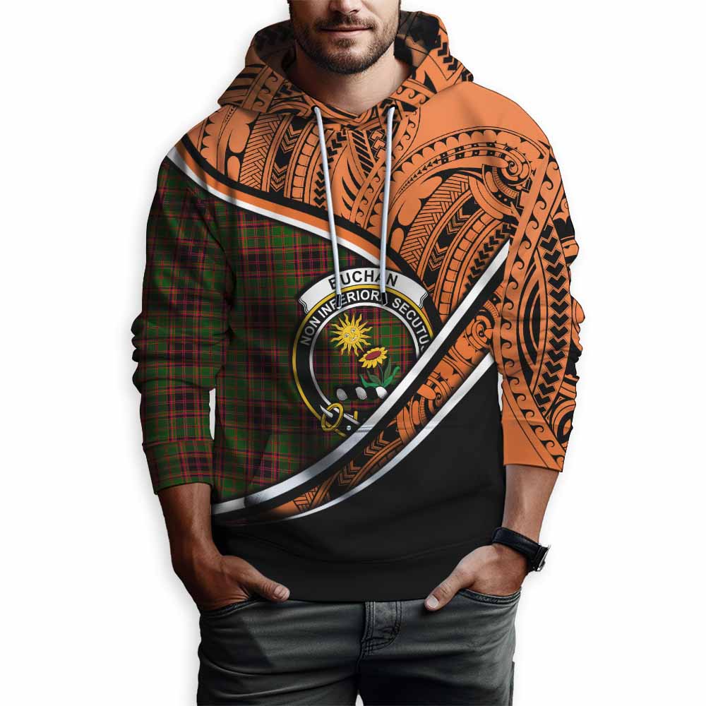 Tartan Vibes Clothing Buchan Crest Tartan Hoodie with Maori Tattoo Style - Orange Version