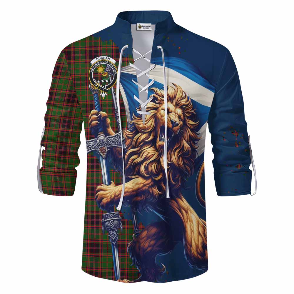 Tartan Vibes Clothing Buchan Tartan Family Crest Ghillie Kilt Shirt with Scottish Majestic Lion