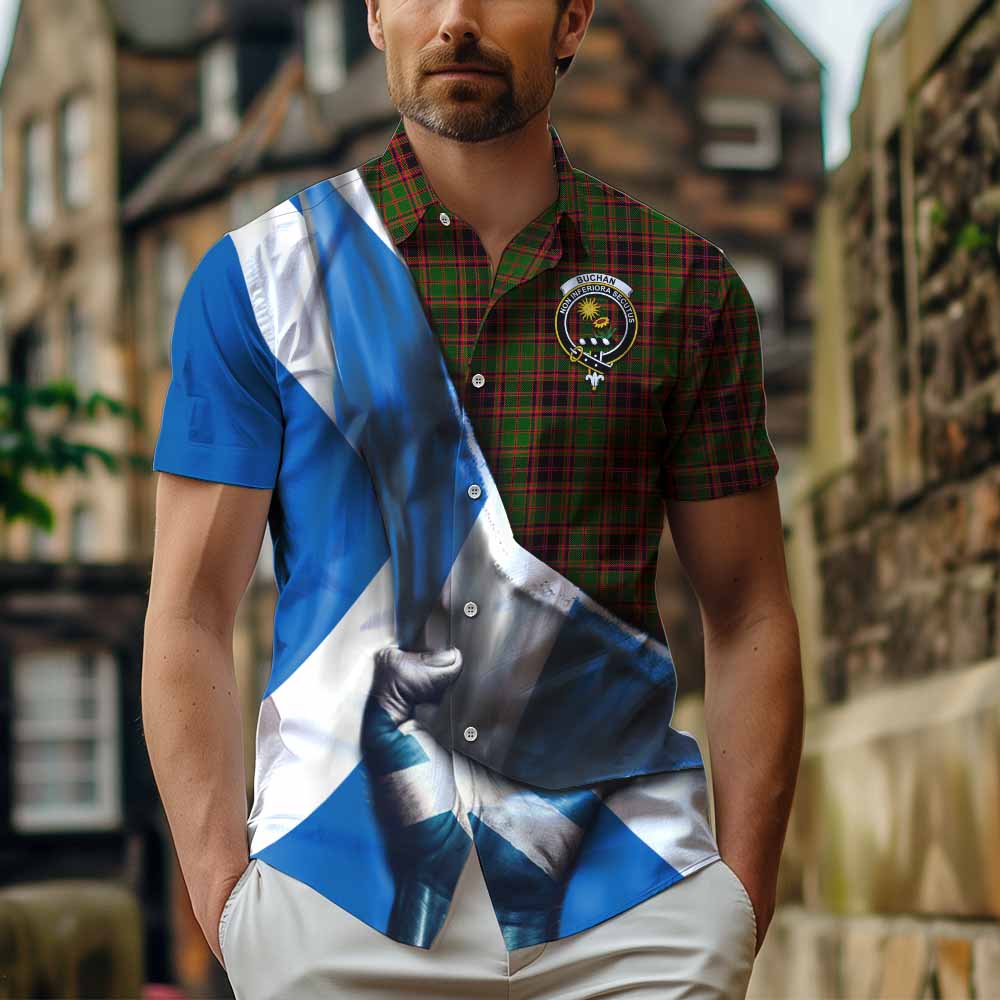 Tartan Vibes Clothing Buchan Tartan Short Sleeve Button Shirt with Family Crest Scotland Patriotic Style